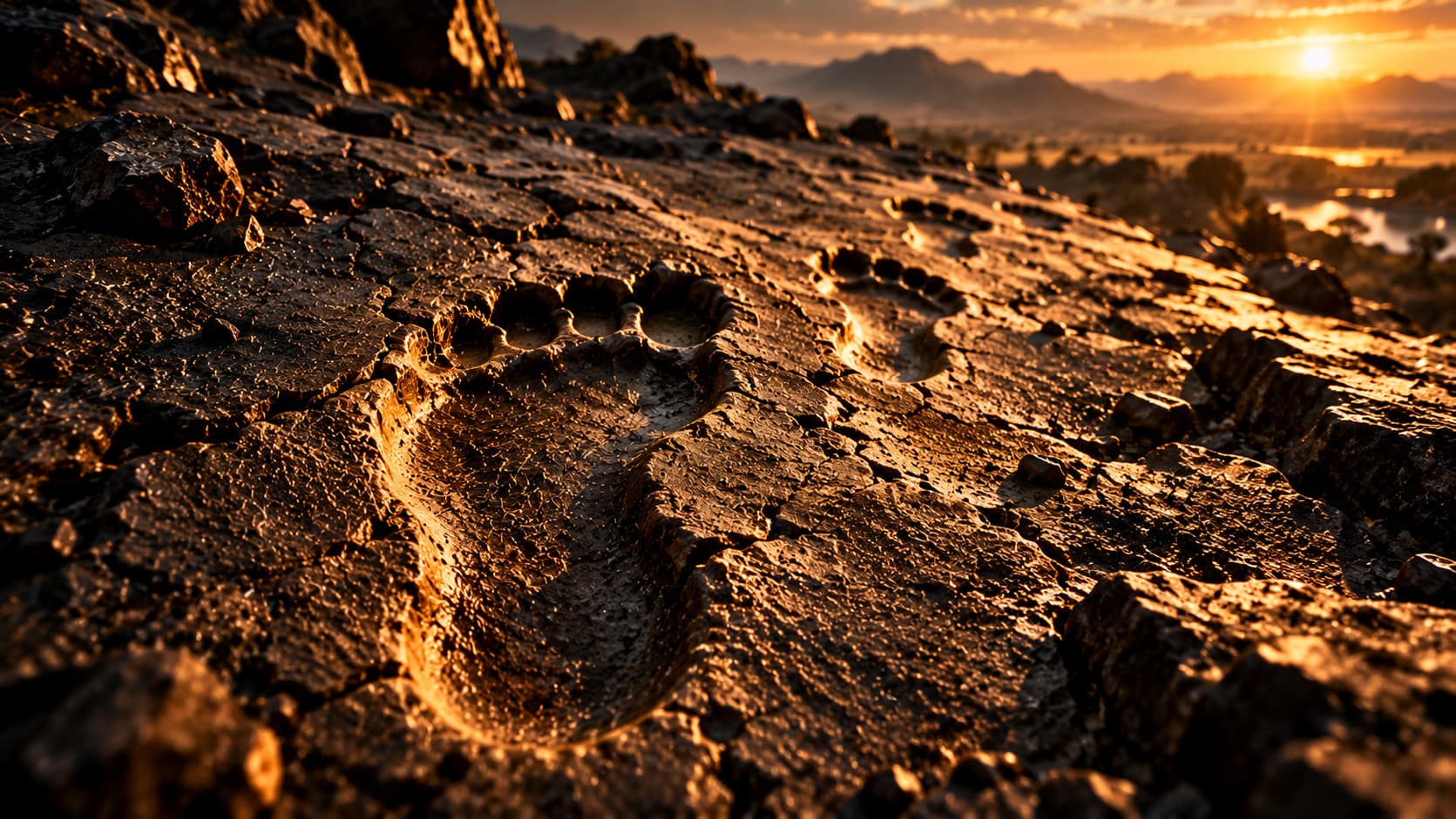 Illustration of fossil footprints pressed into hardened volcanic mud: a long, human-like footprint with a smaller one beyond it, lit by a low sun over a distant valley.