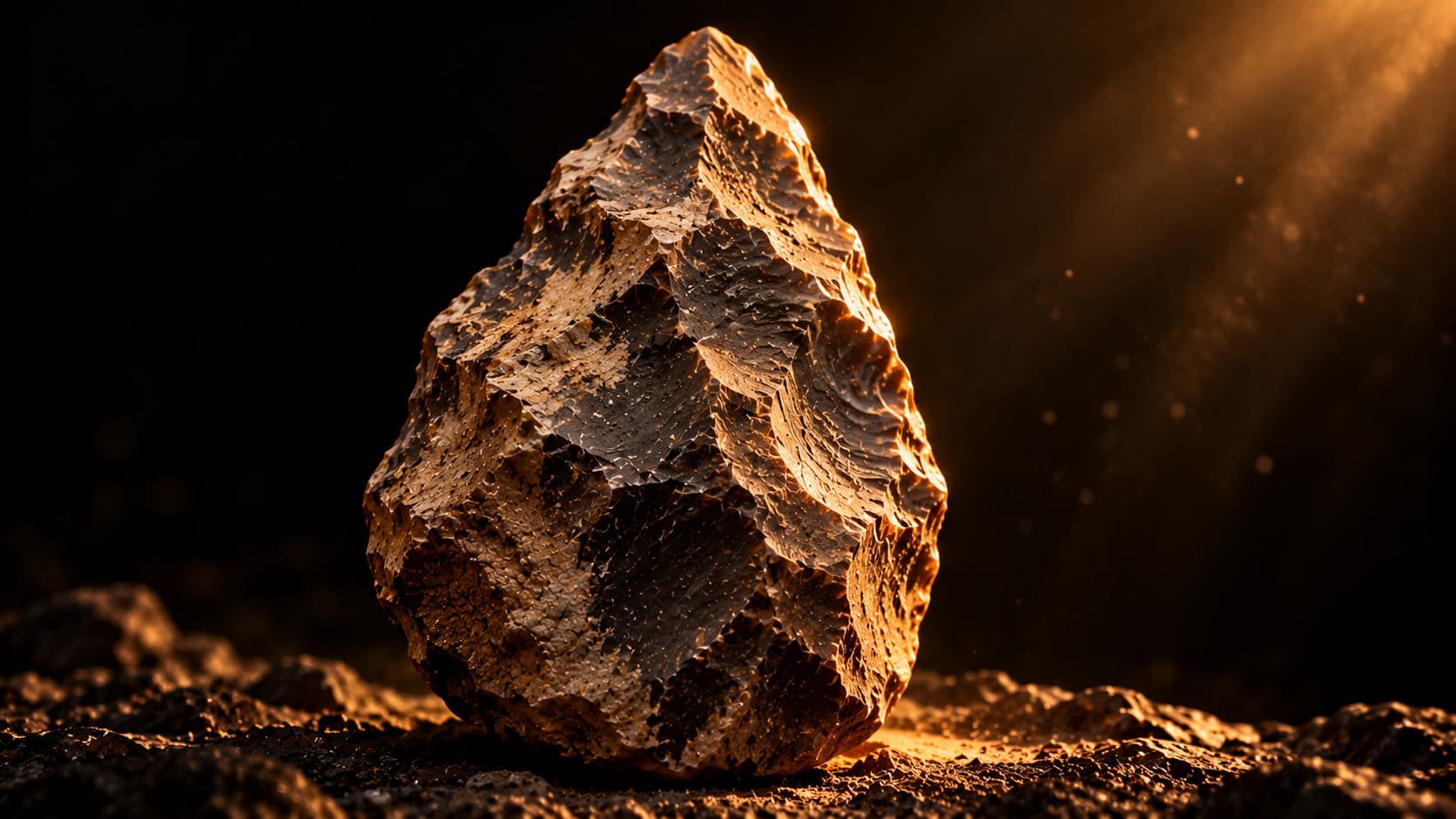 Illustration of a chipped stone tool standing on dark ground, its flaked surface lit by a shaft of golden light against black.