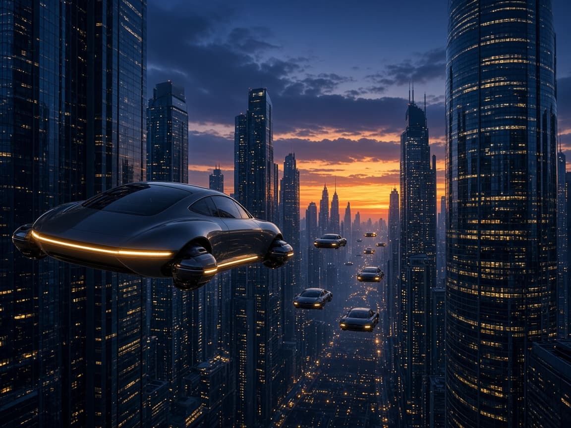 Futuristic city at dusk with flying cars between illuminated towers.
