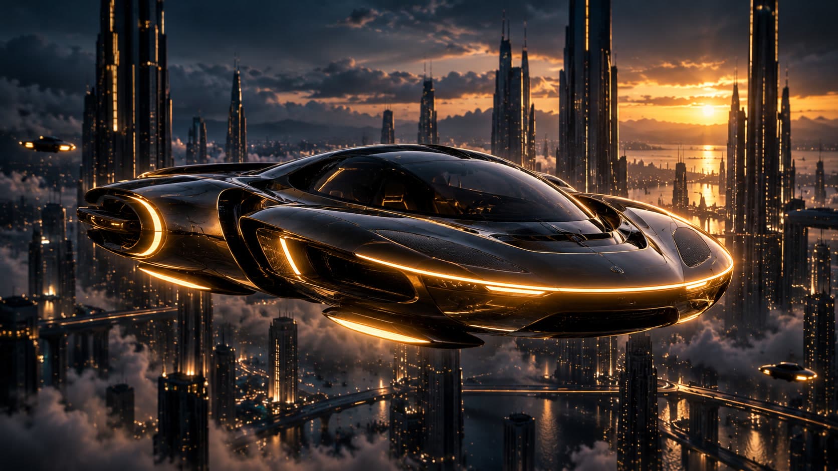 A sleek black flying car edged in glowing gold light hovers above a city of tall towers at sunset, with other aircraft in the distance.