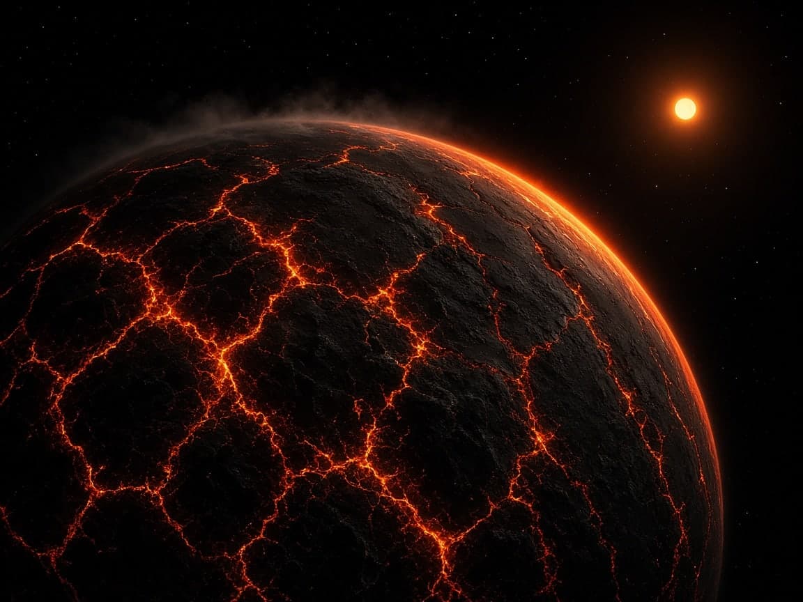 Illustration of the young Earth as a dark, cracked planet with glowing orange lava between its plates, lit at the edge by a small, distant Sun.
