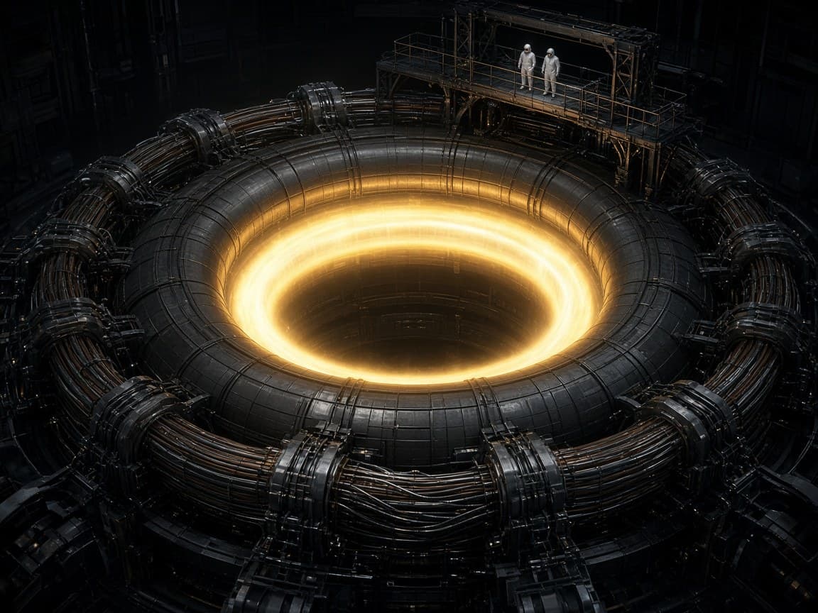 The interior of a toroidal fusion reactor, a ring of glowing golden plasma inside dark magnet coils, with two engineers on a gantry above.