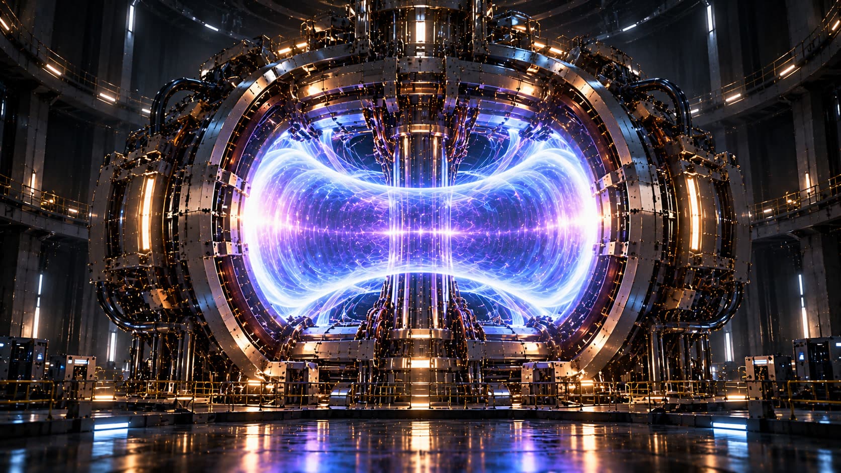 A huge circular fusion reactor in a dark industrial hall, with a ring of blue and violet plasma glowing at its center.