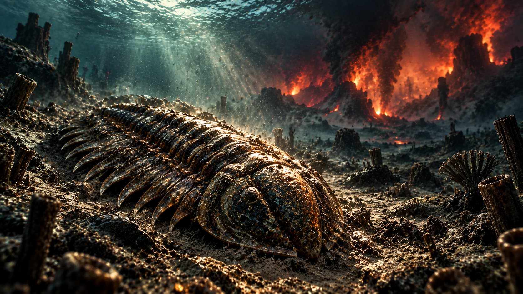 Illustration of a Permian seabed: a large armored, trilobite-like animal on a rough sea floor beneath sunlit water, with columns of black smoke and glowing fire from distant eruptions rising behind it.