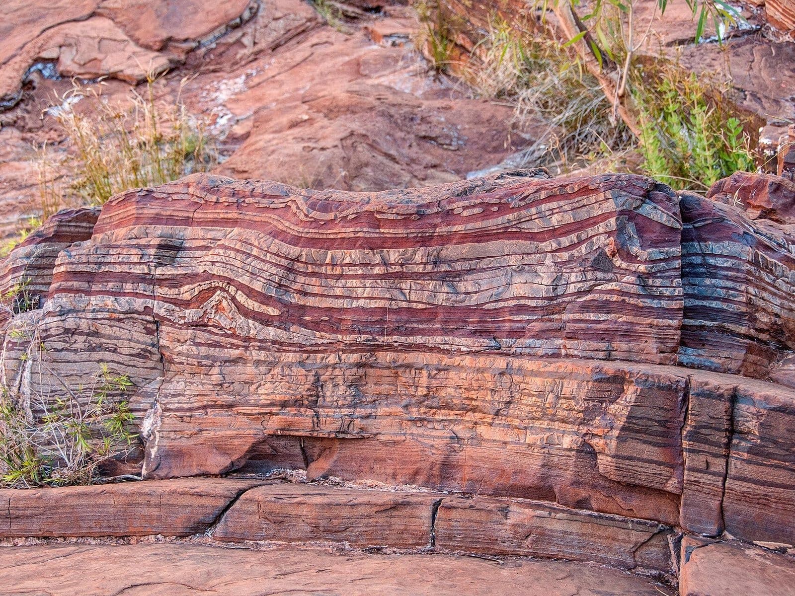 Cliff face of red, purple, and gray banded iron formation rock with green plants growing along the ledges.