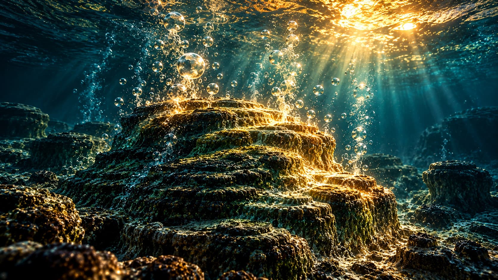 Illustration of a shallow early sea: layered, mounded microbial mats on the seabed, with streams of oxygen bubbles rising toward a sunlit surface.