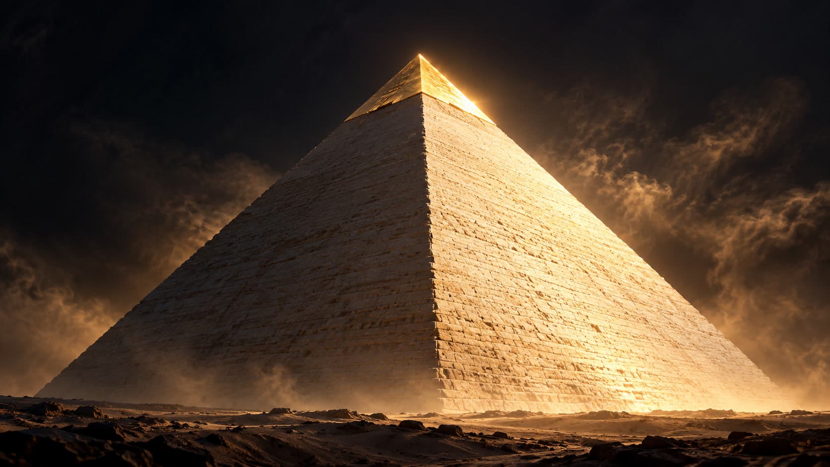 A stylized white limestone pyramid with a glowing golden capstone rises from a dark desert under a stormy, gold-lit sky.