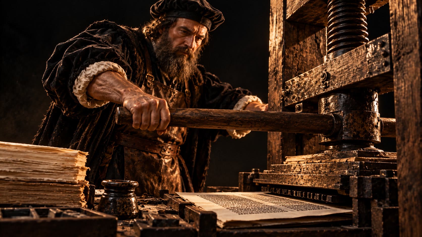 An imagined printer in a dark cap leans on the bar of a wooden screw press, with stacked paper and printed pages beside him.
