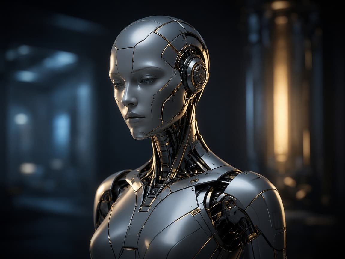 An advanced humanoid robot in a dim futuristic interior.