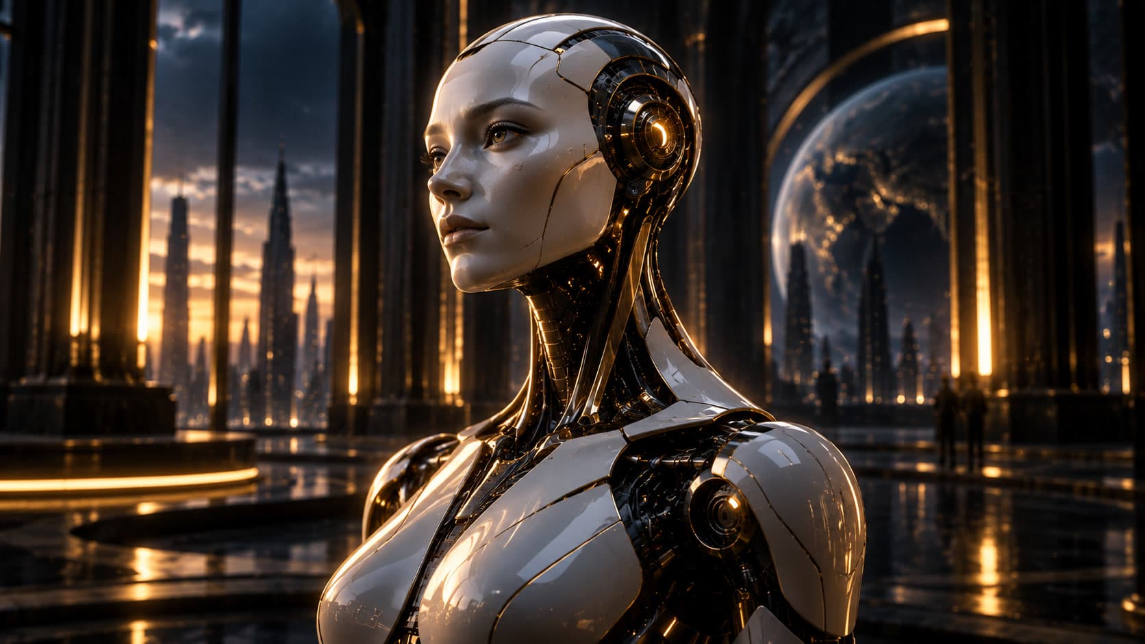 A humanoid robot with a pale porcelain face and a polished black and white body, seen in profile in a dark hall with city towers and a large planet behind it.