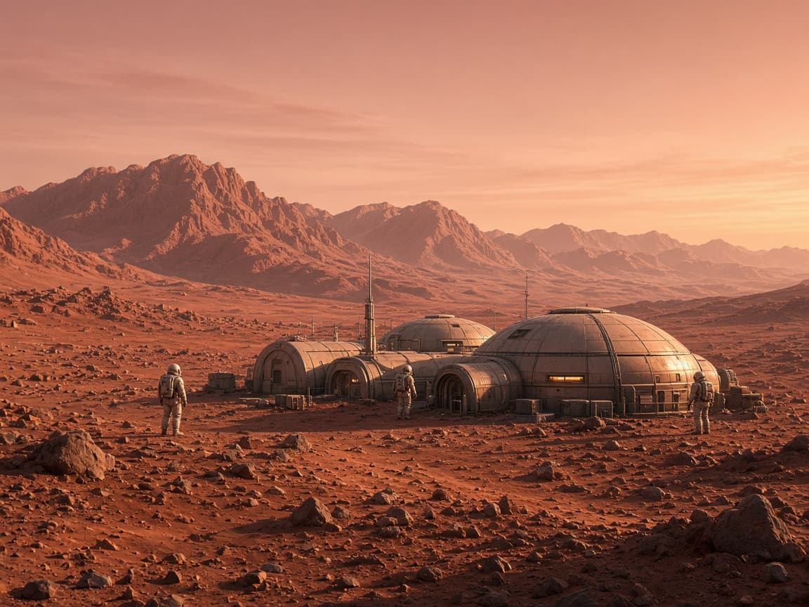 Astronauts beside habitats on the Martian surface.