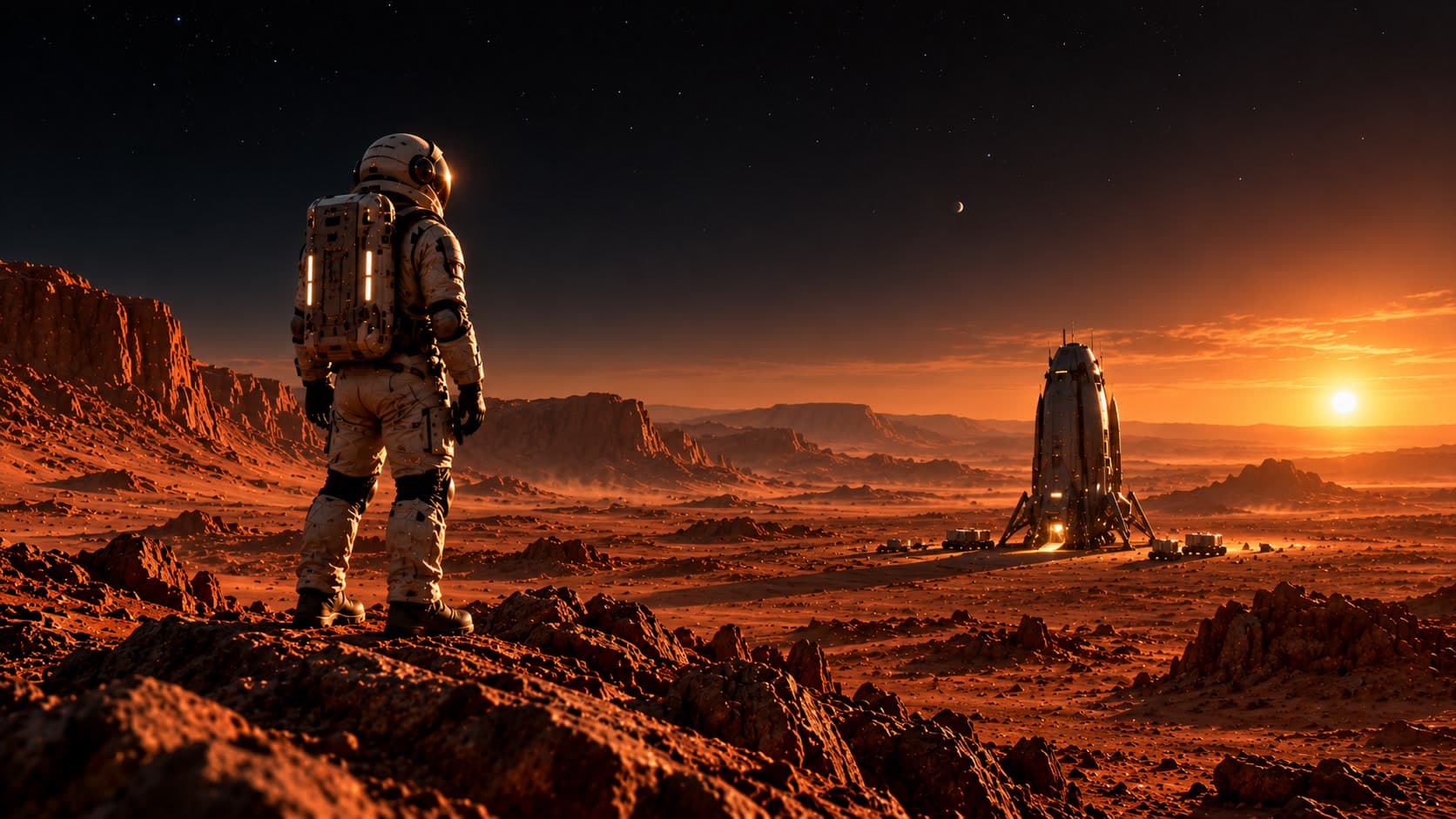 An astronaut stands on red rock and looks across the Martian landscape toward a landed spacecraft and a low, glowing sun.