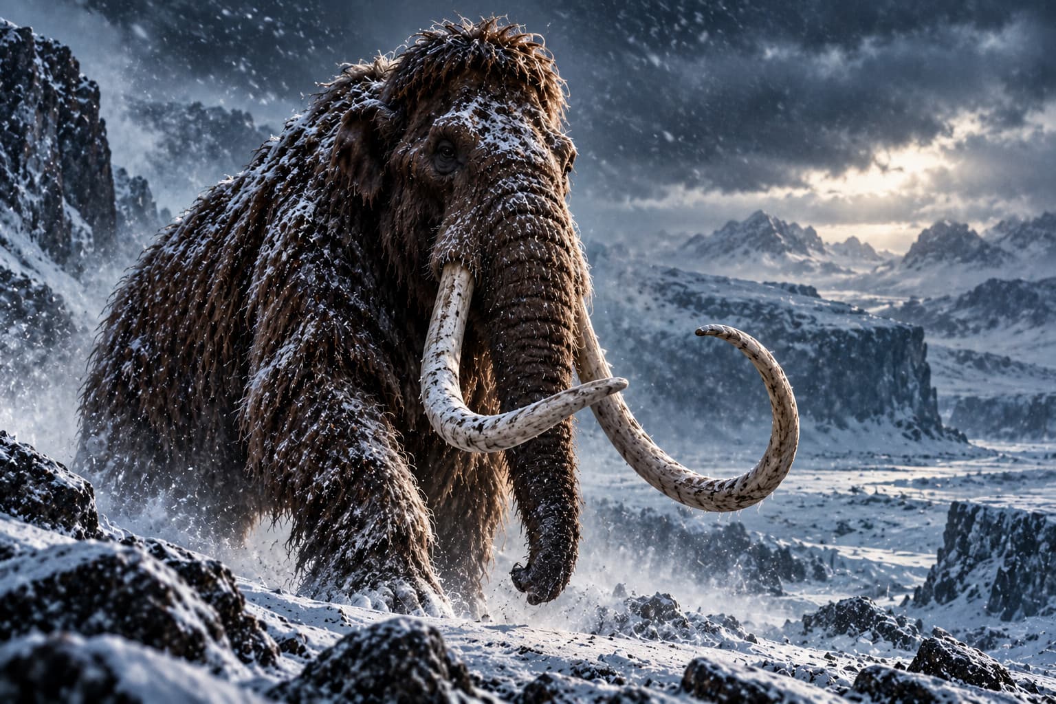 Illustration of a woolly mammoth with long, curved tusks walking through a snowstorm, its fur frosted, with snow-covered mountains and cliffs behind it.