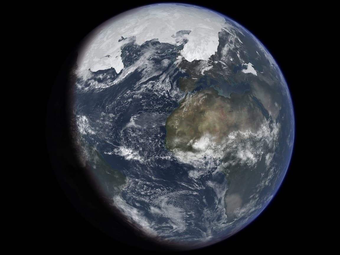 The Earth at the Last Glacial Maximum seen from space, with white ice sheets over the far north of North America and Europe, the Atlantic Ocean below them and Africa to the right.