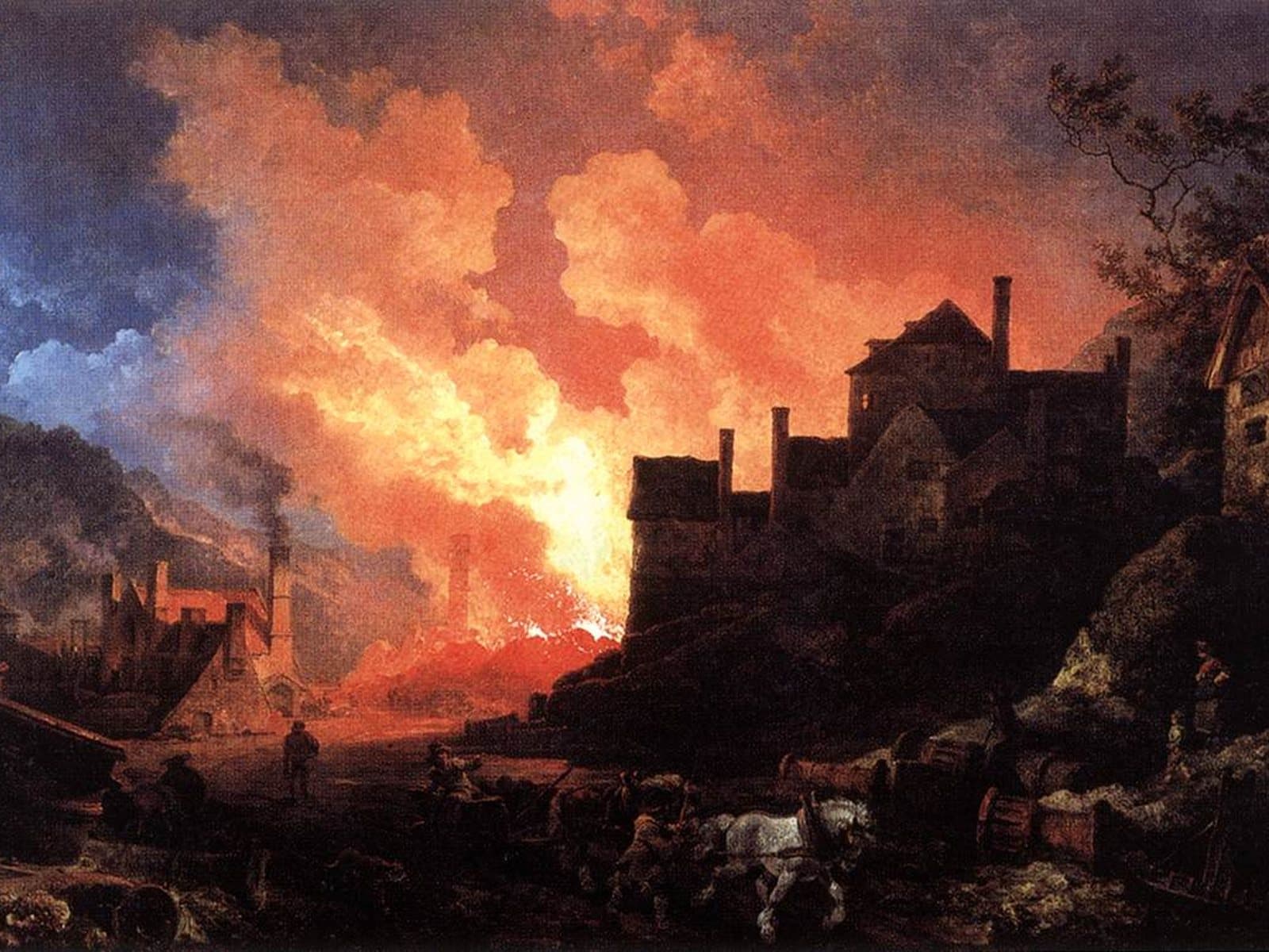 Night painting of the Coalbrookdale ironworks, with furnaces throwing orange flame and smoke across the sky above a Shropshire valley.