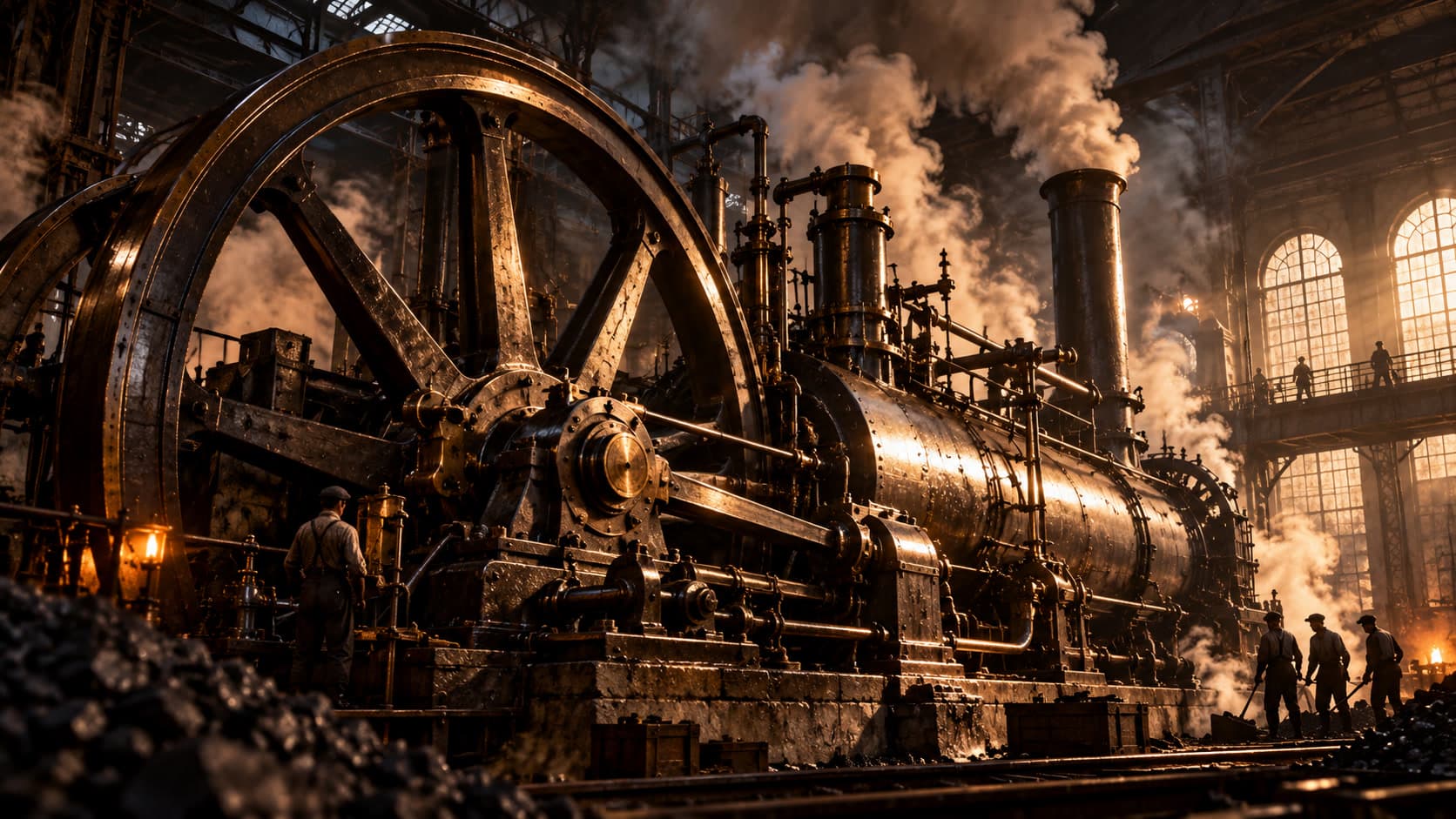 A large steam engine with a spoked flywheel and a smoking stack in a dark industrial hall, with workers beside it and coal in the foreground.