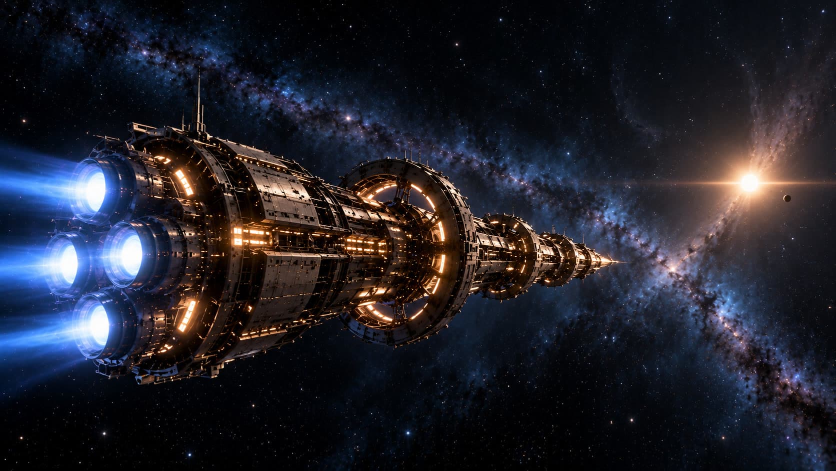 A large spacecraft with three blue engine flares travels through deep space toward a distant golden star, with the Milky Way behind it.