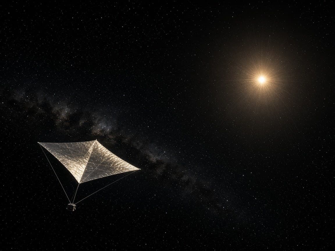 A thin reflective light sail and a small probe drifting through deep space toward a distant golden star, with the Milky Way behind.