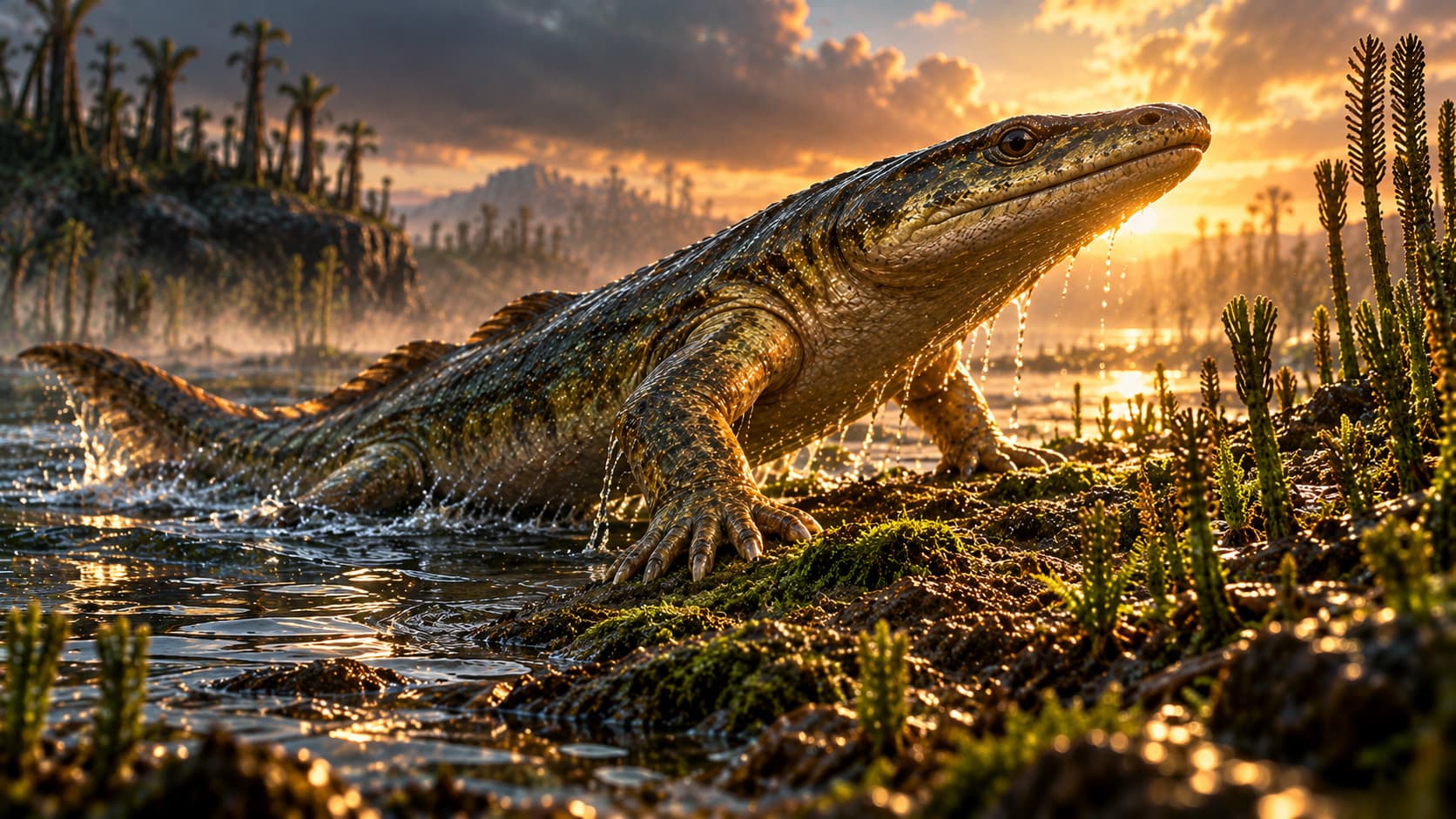 Illustration of an early four-legged animal coming ashore at sunset: a long-bodied, amphibian-like animal with water running off its skin climbs a muddy bank of small green plants, with palm-like trees on the shore behind it.