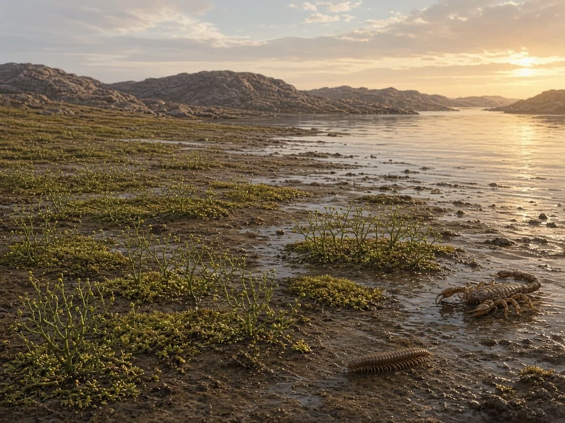 Illustration of a Silurian shoreline at dawn: low clumps of small forked plants like Cooksonia and green mats of early land plants on a muddy tidal flat, with a eurypterid and a millipede-like arthropod near the water.