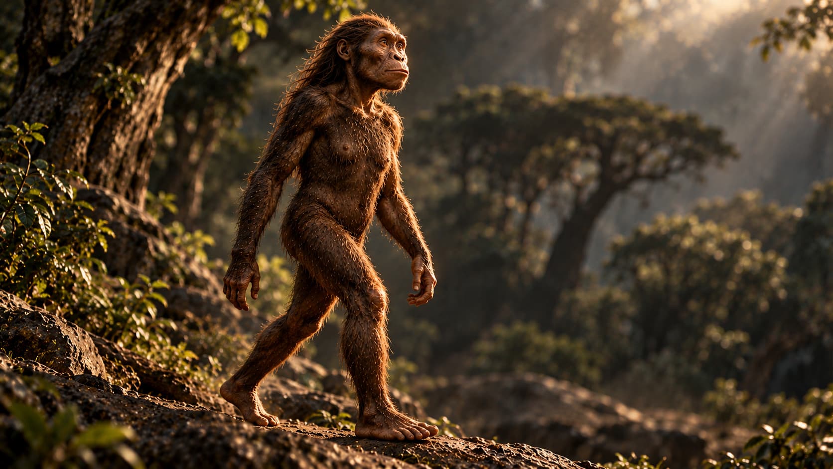 Illustration of a small, upright-walking early human ancestor covered in reddish-brown hair, striding along a rock in a sunlit forest.