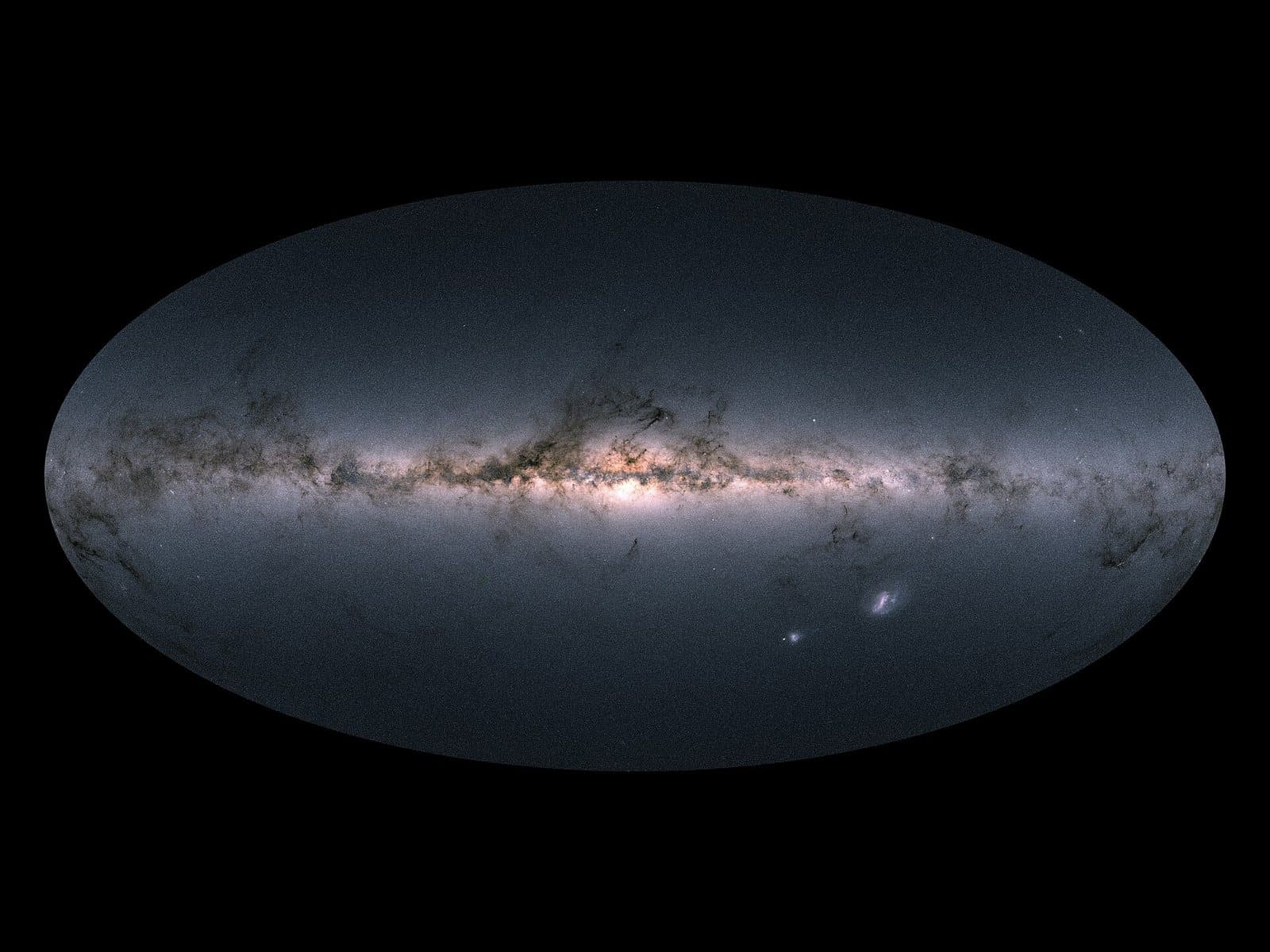 Oval all-sky map made from Gaia observations, with the Milky Way as a bright dusty band across the middle and the Magellanic Clouds below.