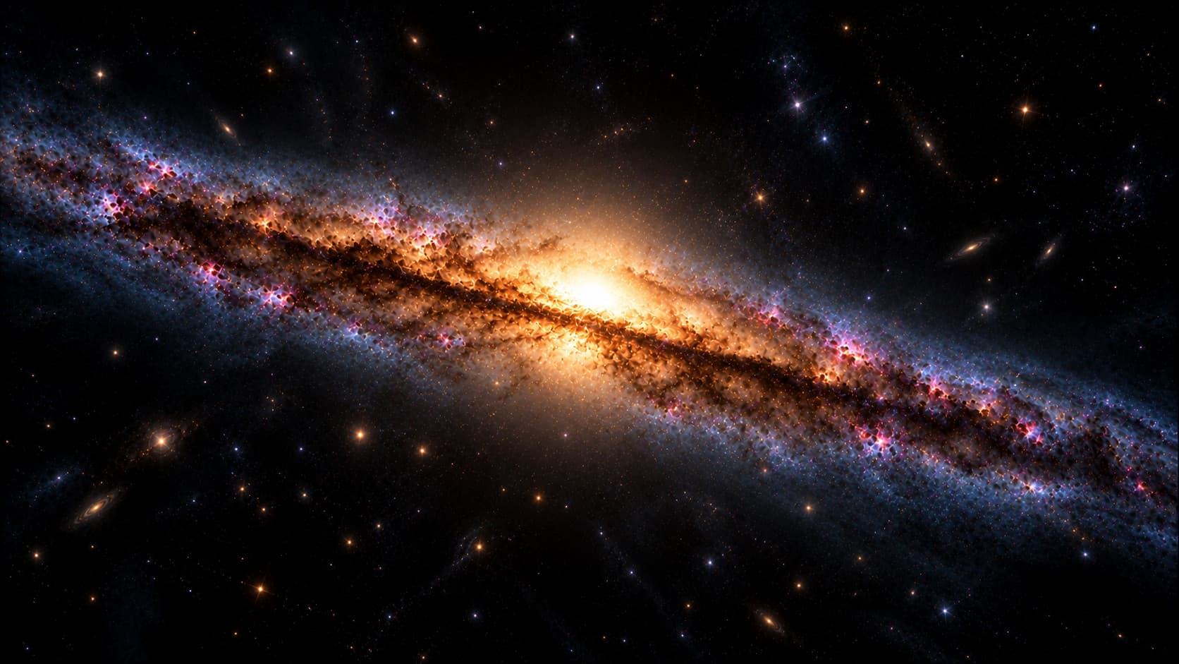 Illustration of a spiral galaxy seen edge-on: a bright golden core and a band of dark dust lanes dotted with pink and blue star clusters, stretching across dark space with distant stars and galaxies.