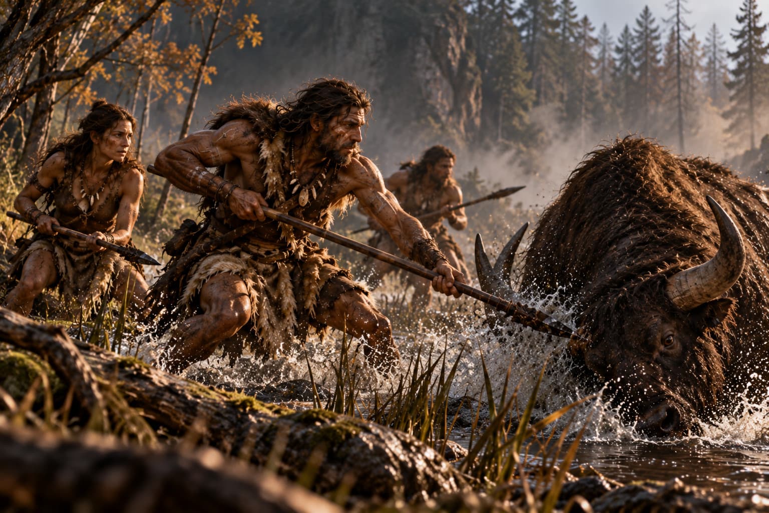 Illustration of hunters in furs and hides wading through shallow water with long spears toward a bison, with a forest behind them.