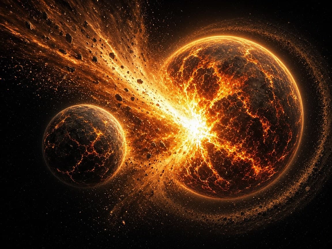 Illustration of the giant impact: a molten young Earth on the right collides with a smaller planet on the left, throwing a fiery spray of debris into space.