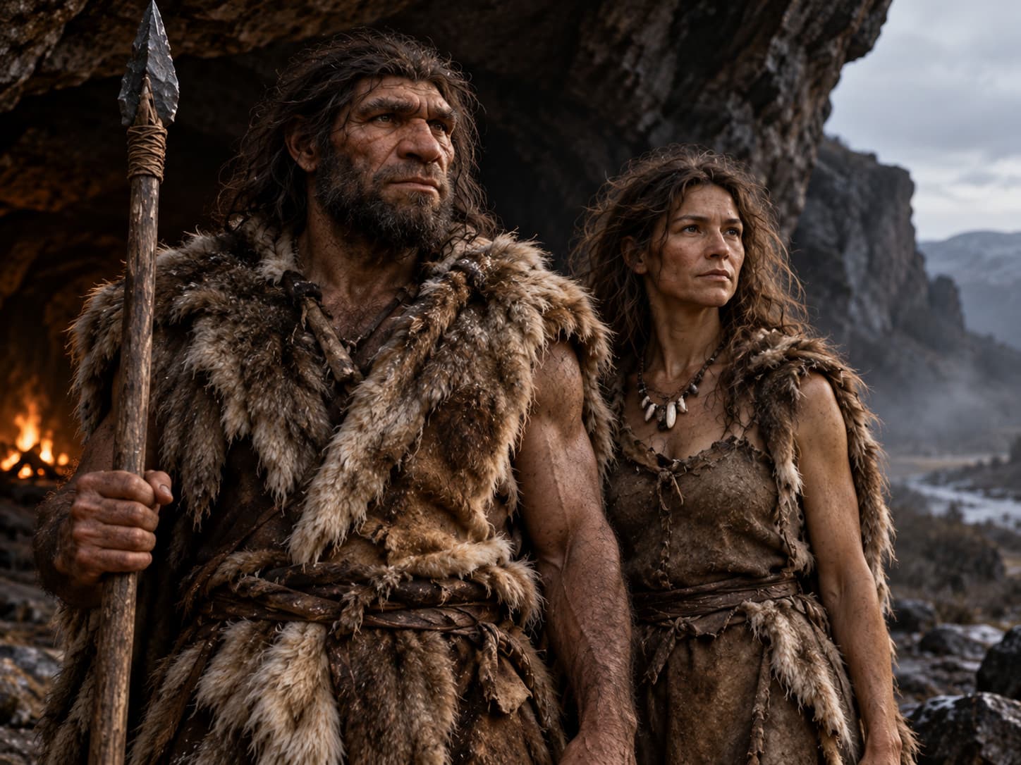 Illustration of a Neanderthal man in a fur cloak holding a stone-tipped spear, beside a woman in a fur-trimmed dress and a tooth necklace, at a cave mouth with a fire behind them in a cold, rocky landscape.