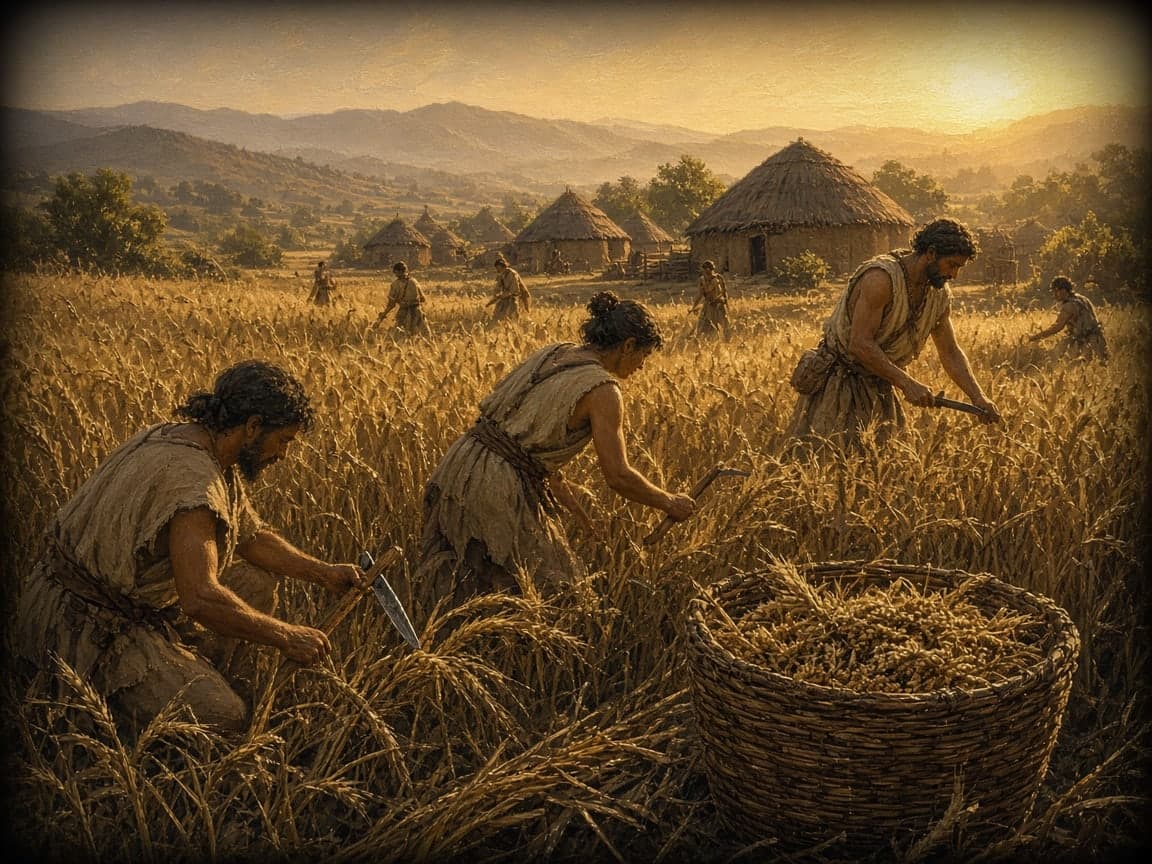 Illustration of early farmers harvesting ripe wheat and barley by hand with flint-edged sickles at sunrise, with a woven basket of grain in the foreground and a village of round thatched huts behind them.