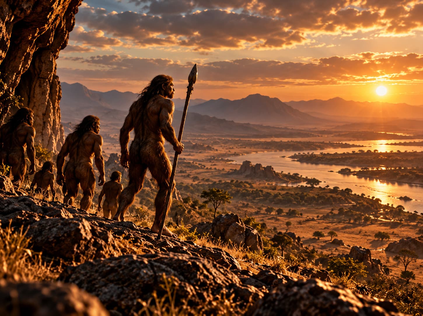 Illustration of a small group of early humans climbing a rocky ridge at sunset, one carrying a stone-tipped spear, above a wide river valley and distant mountains.