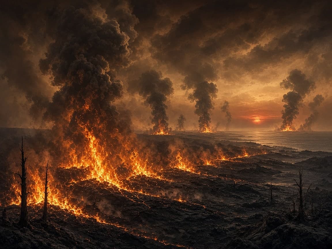 Illustration of the Siberian eruptions: columns of black smoke rise from lines of fire on a scorched lava plain under an orange sky, with bare dead trees in the foreground and a dark sea at the horizon.
