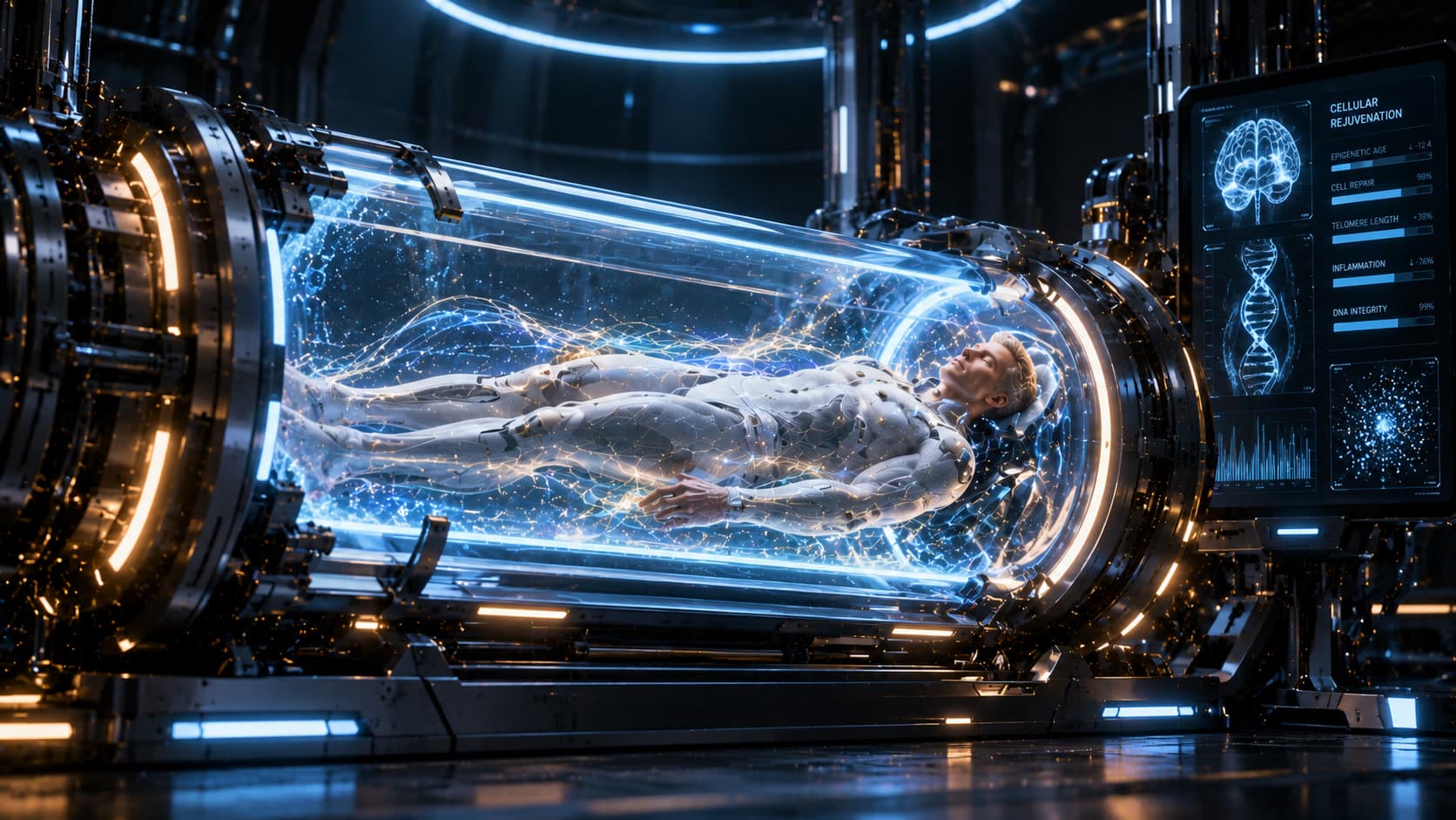 A man lies in a glass chamber filled with glowing blue light, beside a screen showing a brain, a DNA helix, and cellular rejuvenation readings.