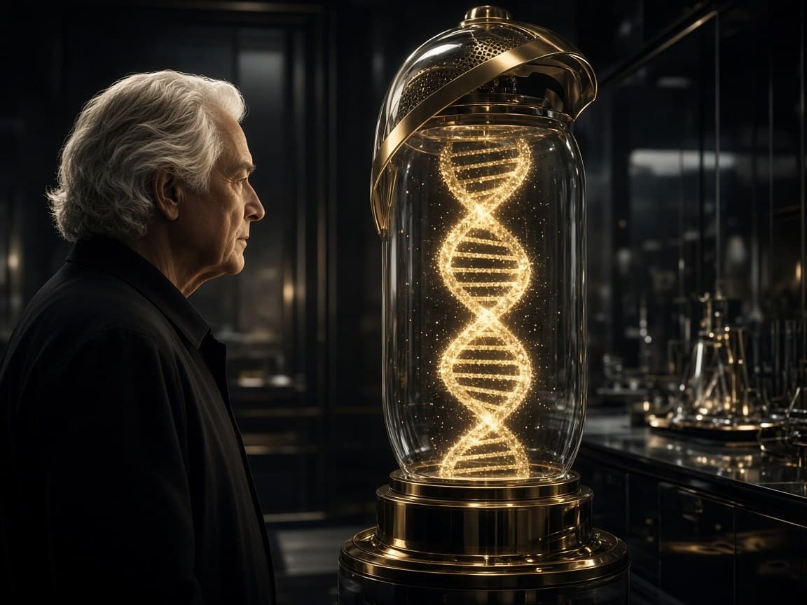 A silver-haired researcher in profile beside a glass and brass chamber holding a glowing golden DNA helix, in a dark laboratory.