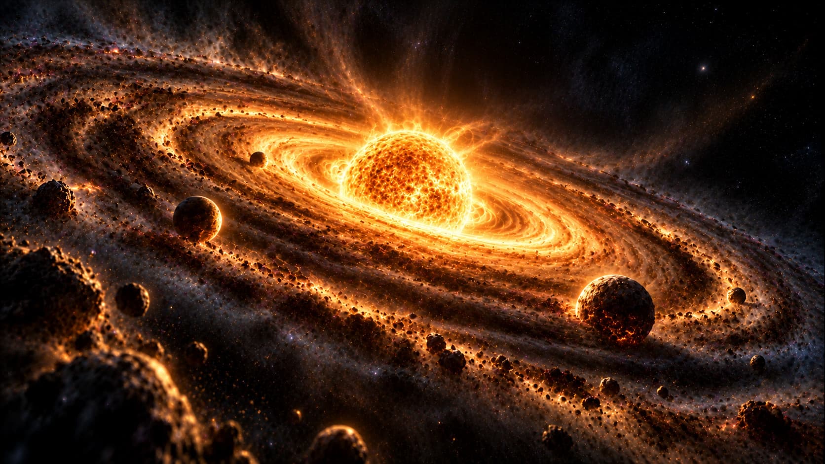 Illustration of a young solar system: a glowing star at the center of a wide, swirling disk of rock and dust, with several rocky planets and fragments orbiting in it.
