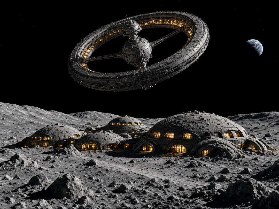 A ring-shaped orbital habitat above a cluster of lit domes on the gray lunar surface, with a small crescent Earth in the black sky.