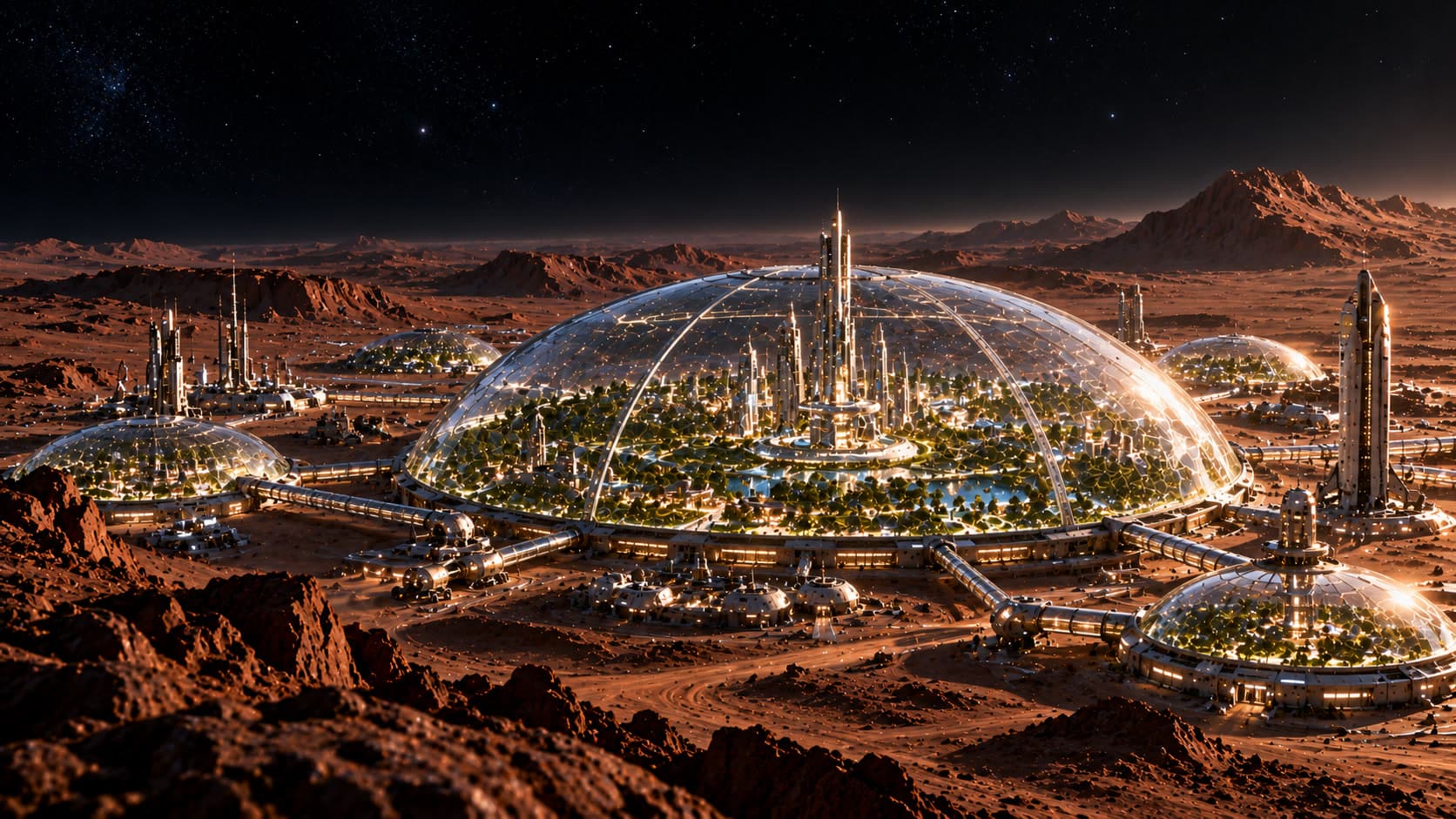 A glass-domed settlement of towers and green gardens on a red, rocky world, linked to smaller domes and a landed rocket under a starry sky.