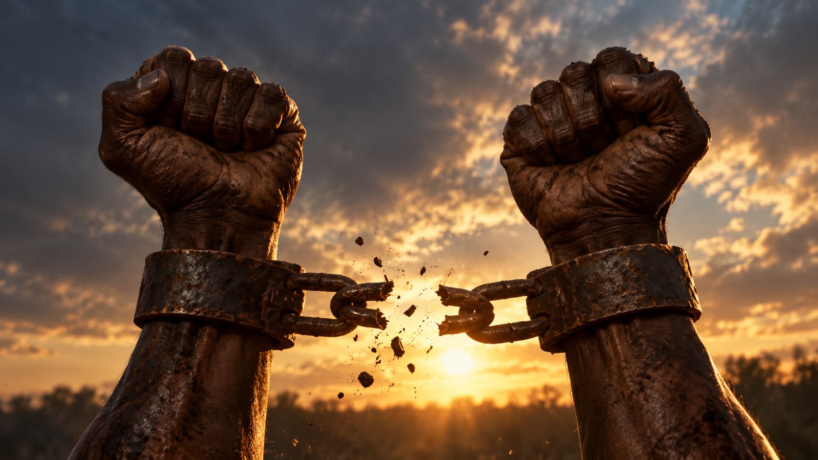 Two raised clenched fists with iron shackles break a chain against a sunset sky, with fragments flying apart.
