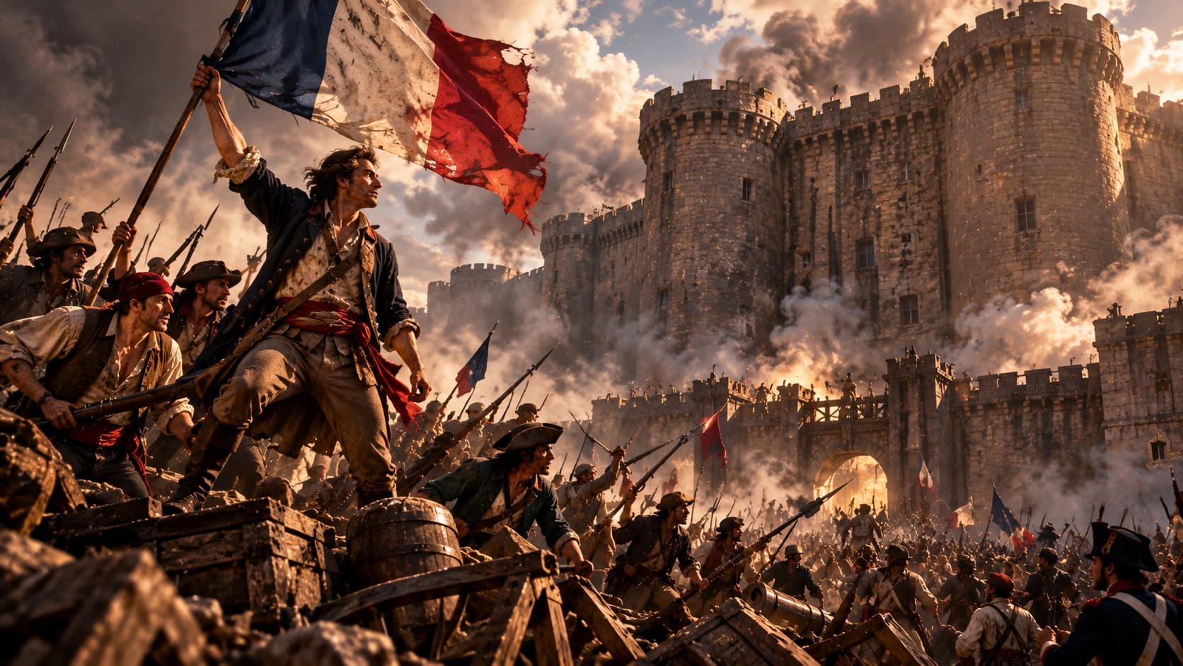 A revolutionary raises a French tricolor flag among a crowd with pikes in front of a smoking stone fortress.