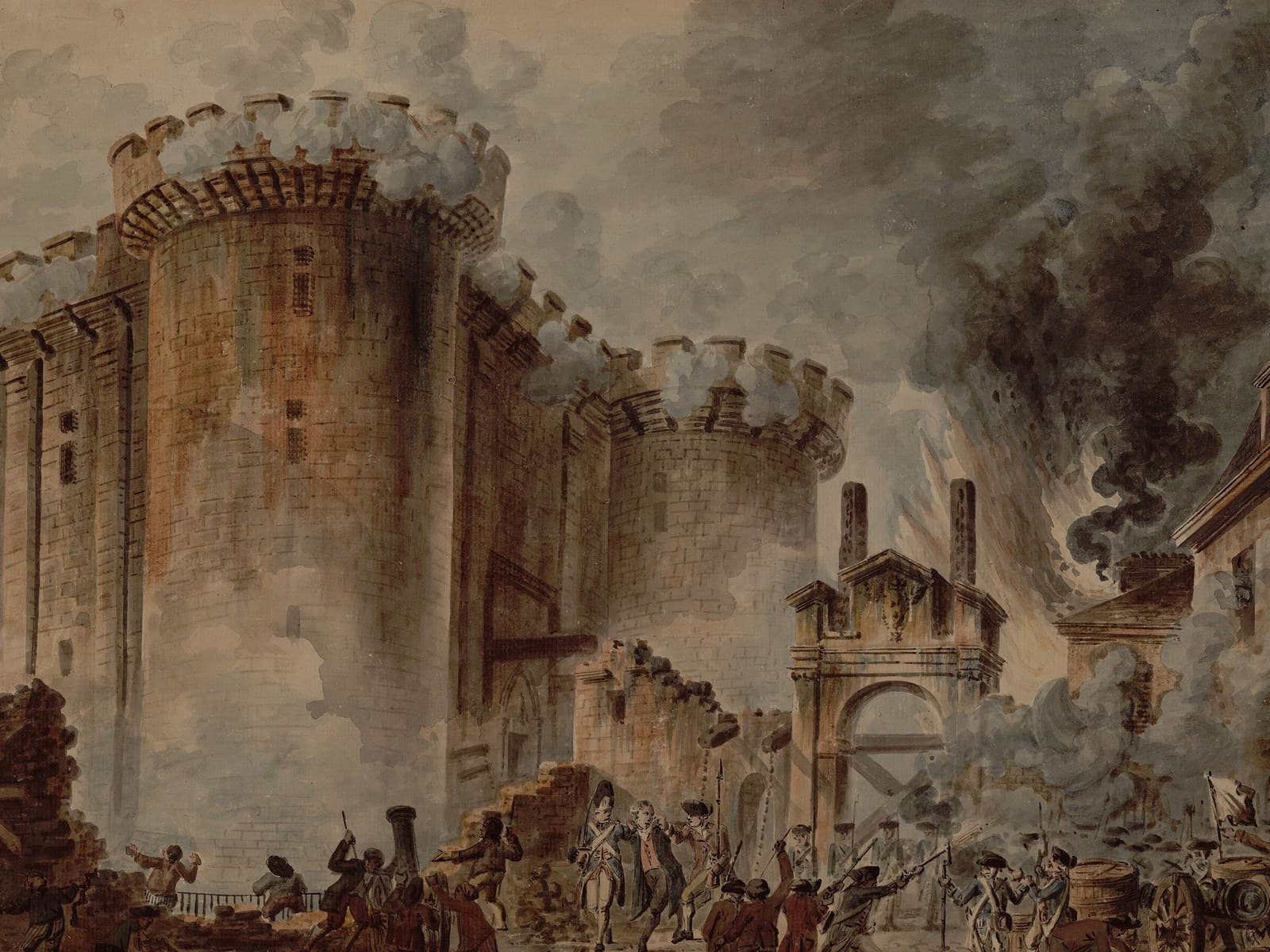 A watercolour of the storming of the Bastille, with smoke over the fortress towers and an armed crowd in the foreground.