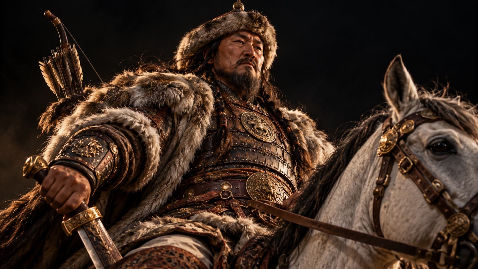An imagined Mongol horseman in a fur hat and layered furs, with a bow and sword, beside a white horse against a dark sky.