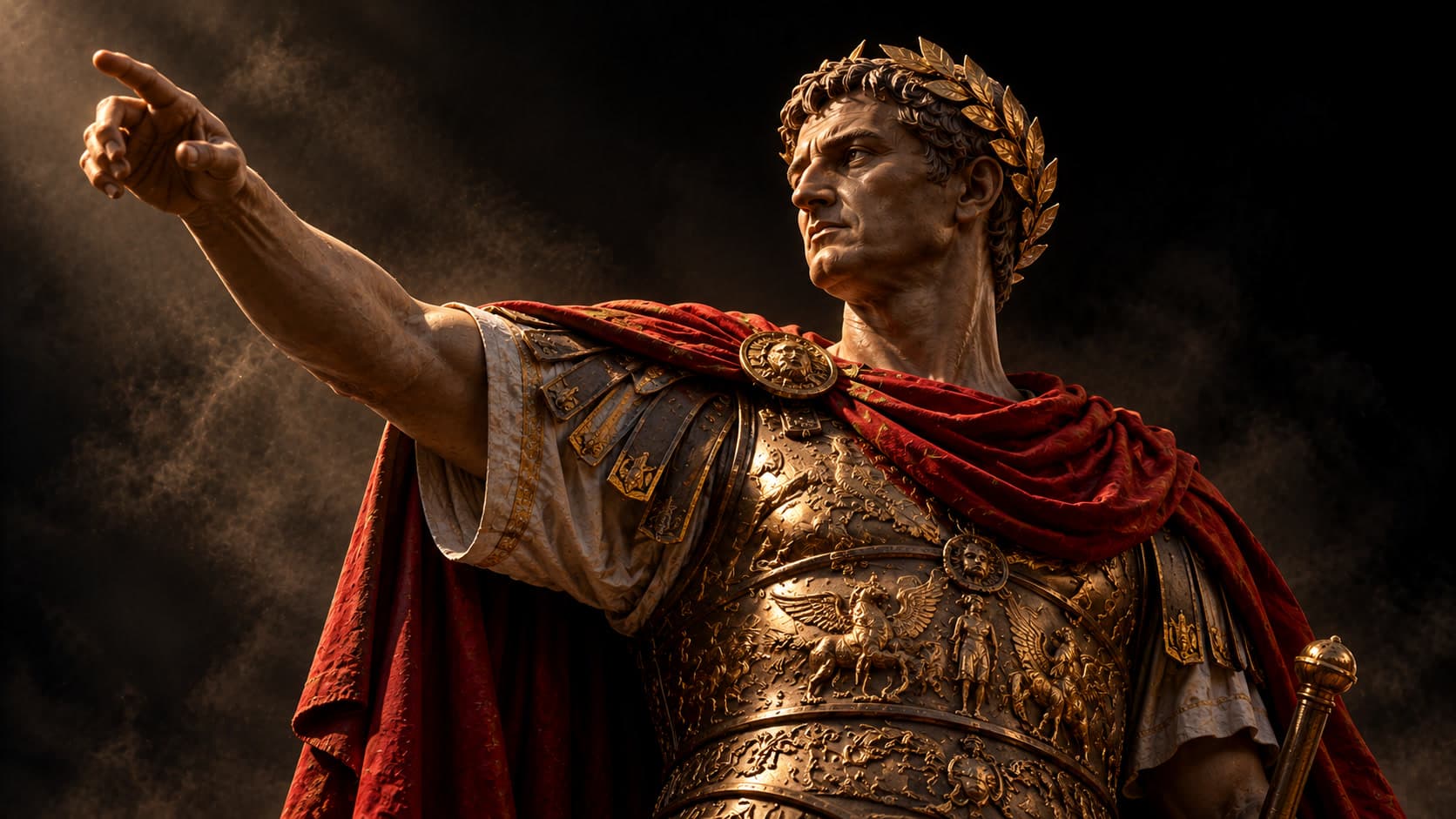 An imagined Roman commander in a laurel wreath, gilded cuirass and red cloak points into the distance against a smoky dark sky.