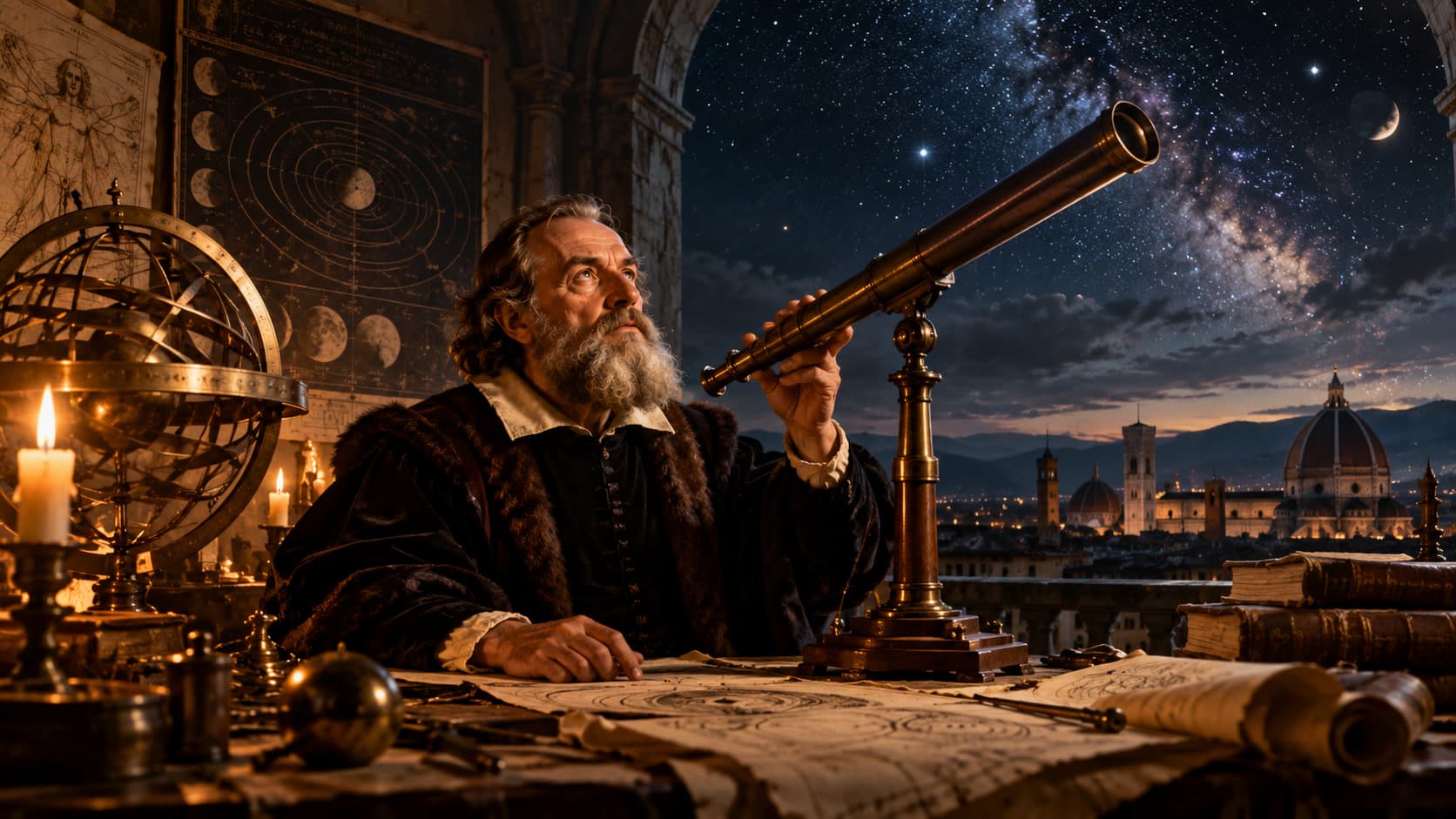 An imagined scholar in a fur-trimmed coat holds a brass telescope under a starry night sky, with an armillary sphere, charts and a domed city behind him.