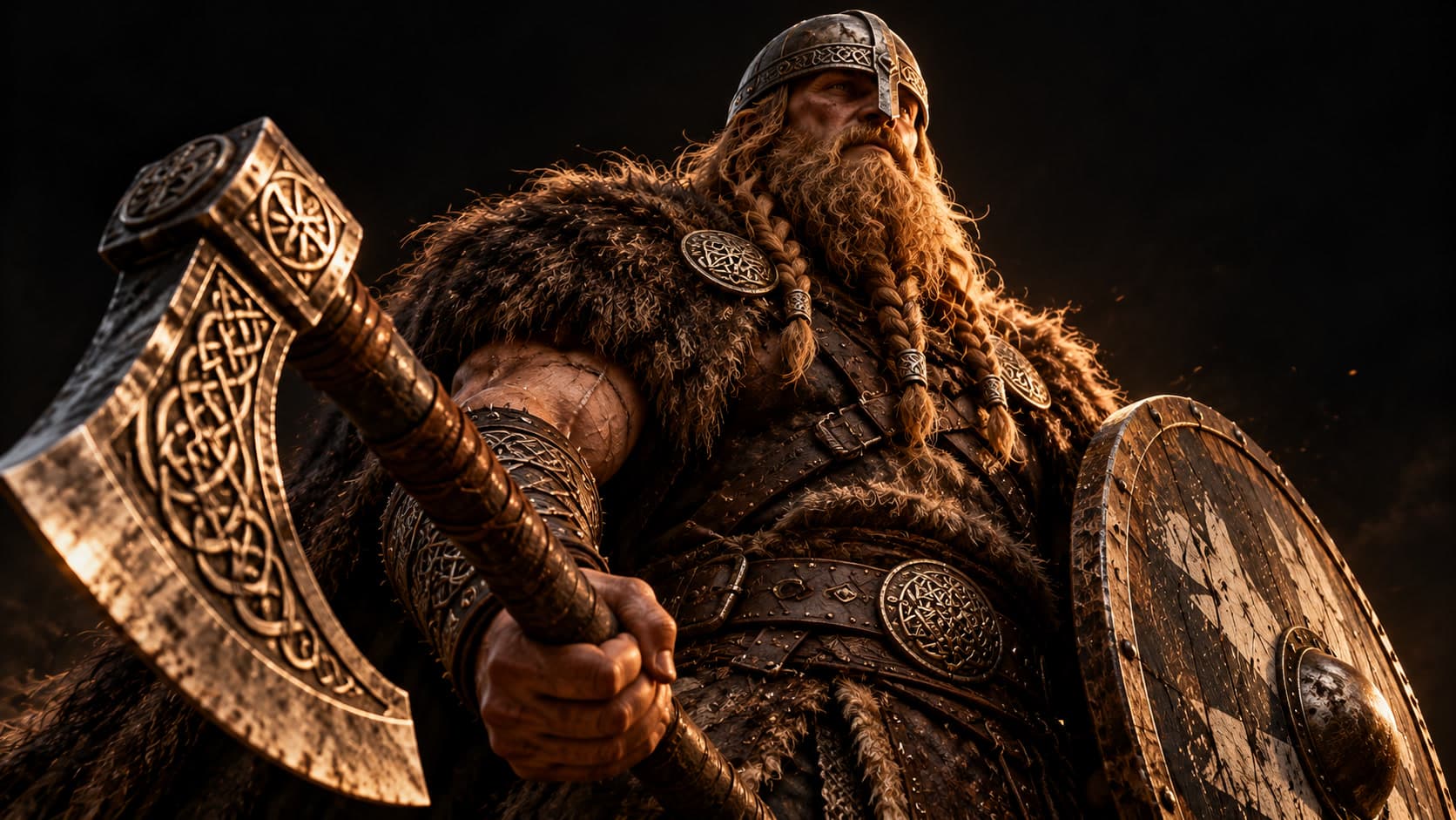 An imagined Viking warrior in a helmet and furs holds an engraved axe and a round shield against a dark sky.