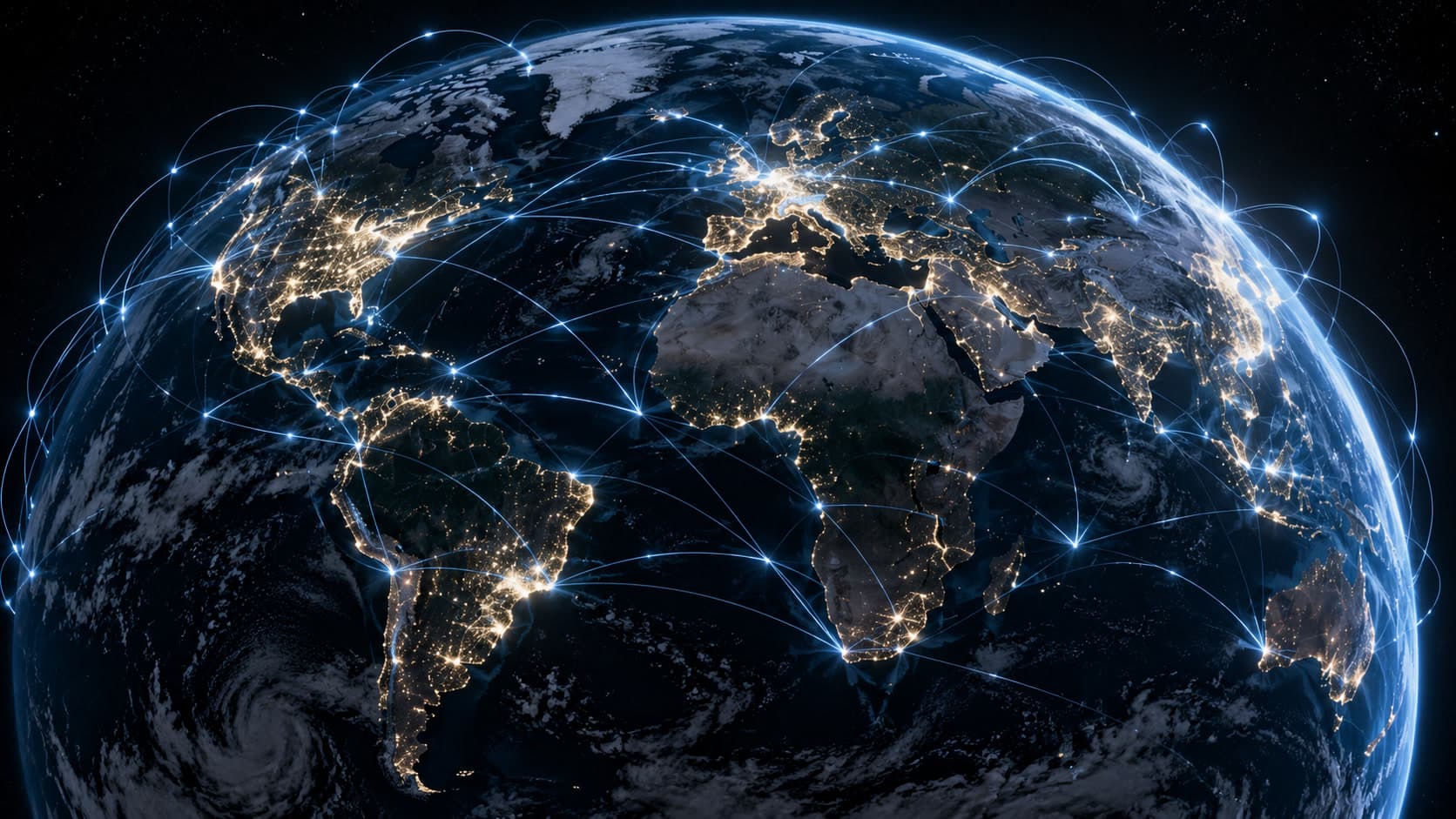 The Earth at night, with city lights and glowing blue lines of network connections across the continents.