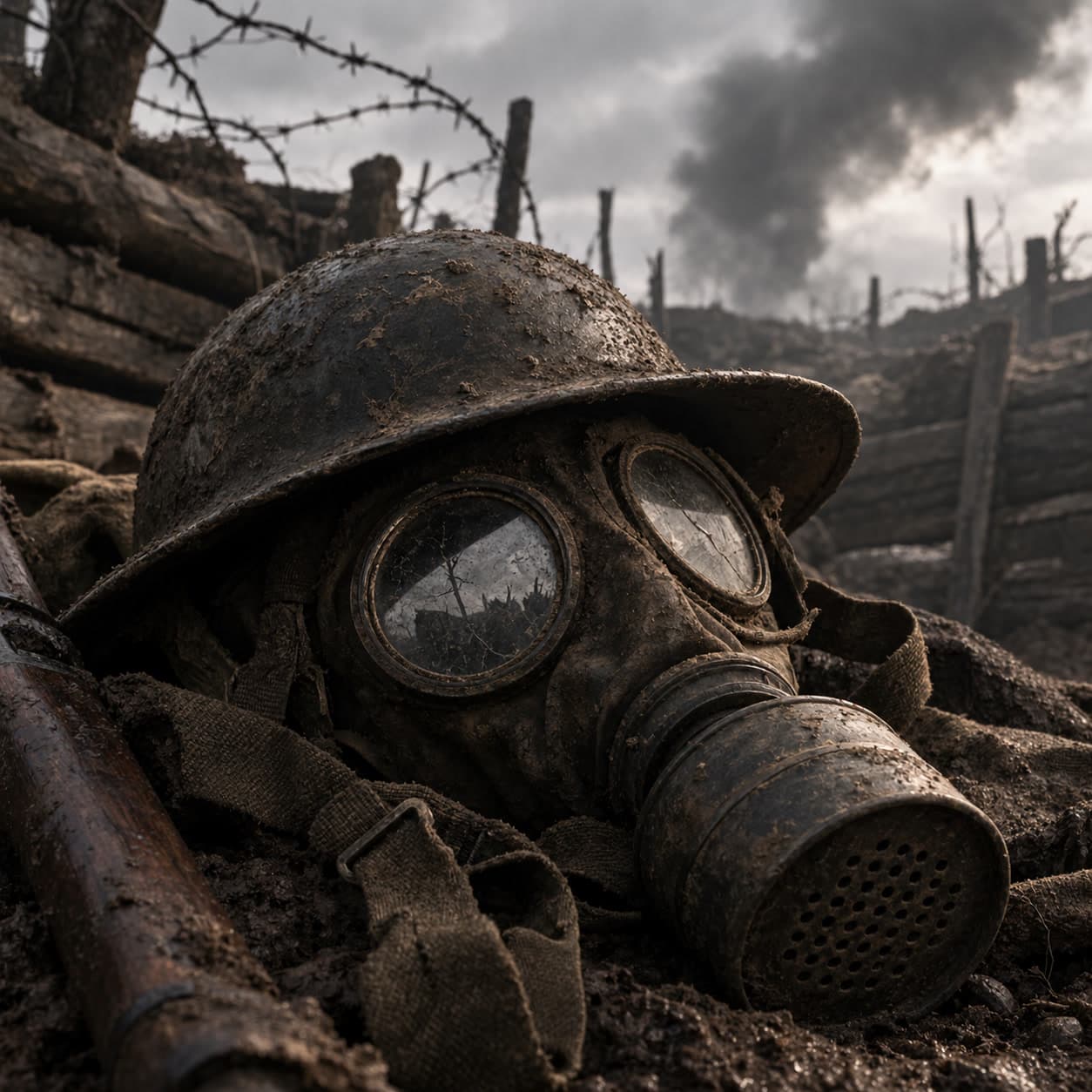 A mud-covered helmet and a cracked gas mask lie in a muddy trench with barbed wire, timber and smoke behind them.