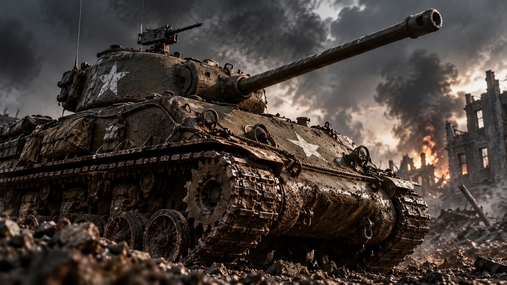 A muddy American Sherman tank with a white star sits among rubble in a ruined town under a smoky sky.