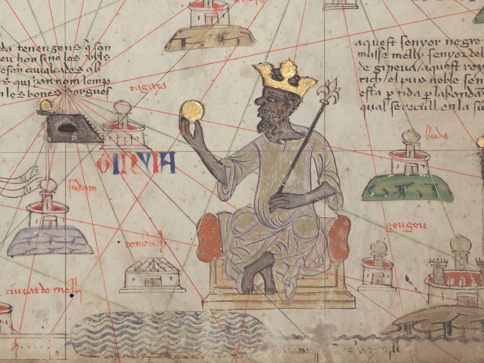 Mansa Musa seated on a throne in the Catalan Atlas, wearing a gold crown and holding a gold nugget and a scepter, among drawings of towns and caravans.