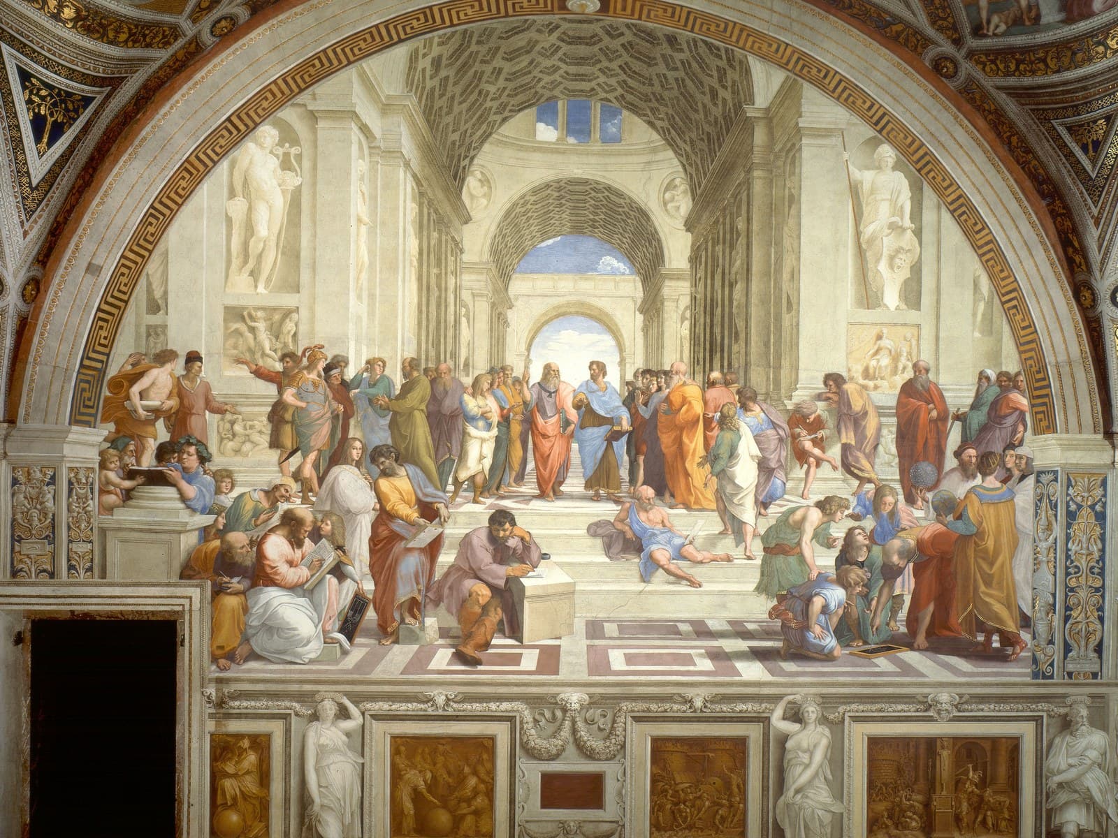 Raphael’s fresco The School of Athens, with ancient philosophers gathered in a vaulted hall of classical arches.